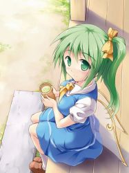 Rule 34 | 1girl, ascot, blush, breasts, cup, daiyousei, fairy wings, female focus, green eyes, green hair, hair ribbon, large breasts, loafers, long hair, looking at viewer, matching hair/eyes, ribbon, sakimiya (inschool), shoes, side ponytail, sitting, smile, solo, touhou, wings