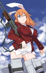 Rule 34 | 1girl, animal ears, blue eyes, blush, browning automatic rifle, charlotte e. yeager, cloud, cloudy sky, day, flying, gun, kuronyan, long hair, one eye closed, orange hair, panties, rabbit ears, rabbit girl, shirt, sky, solo, strike witches, underwear, weapon, white panties, white shirt, winks, world witches series