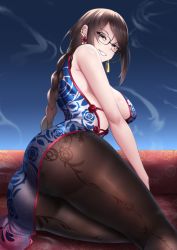 Rule 34 | 1girl, ass, back, black panties, blush, braid, braided ponytail, breasts, brown eyes, brown hair, brown pantyhose, china dress, chinese clothes, cojohn, dress, earrings, fate/grand order, fate (series), glasses, grin, highres, jewelry, large breasts, long hair, looking back, panties, panties under pantyhose, pantyhose, single braid, sitting, smile, solo, underwear, very long hair, yu mei-ren (fate), yu mei-ren (spare the idle talk) (fate)