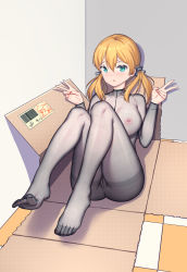 Rule 34 | 1girl, absurdres, anchor hair ornament, aqua eyes, blonde hair, bodysuit, box, breasts, cardboard box, cleft of venus, corner, covered erect nipples, double v, foreshortening, hair ornament, hat, highres, in box, in container, kantai collection, large breasts, long hair, low twintails, nail polish, prinz eugen (kancolle), red nails, see-through, see-through bodysuit, sitting, solo, toenail polish, toenails, twintails, v, xiaoxi0619