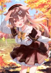 1girl, ;d, absurdres, animal ears, autumn, autumn leaves, bangs, blush, bone hair ornament, bow, bowtie, braid, breasts, brown eyes, brown hair, brown skirt, buttons, capelet, cartoon bone, day, dog ears, dog girl, dog tail, eyebrows visible through hair, fangs, feet out of frame, fukahire (ruinon), ginkgo leaf, hair between eyes, hair ornament, hairclip, hand up, high-waist skirt, highres, hololive, inugami korone, leaf, long hair, looking at viewer, low twin braids, maple leaf, one eye closed, open mouth, outdoors, plaid, plaid bow, shirt, skirt, smile, solo, tail, twin braids, virtual youtuber, white shirt, yellow bow