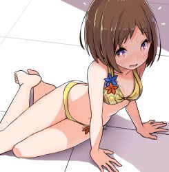 Rule 34 | 1girl, arm support, bang dream!, bare arms, bare legs, bare shoulders, barefoot, bikini, blush, breasts, brown eyes, brown hair, collarbone, commentary request, hazawa tsugumi, multicolored eyes, nose blush, parted lips, purple eyes, shipii (jigglypuff), short hair, small breasts, solo, swimsuit, tile floor, tiles, wet, yellow background, yellow bikini
