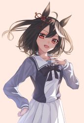 Rule 34 | absurdres, ahoge, amane utata, animal ears, beige background, black hair, blush, collarbone, commentary request, hair ornament, hand on own hip, hand on own chest, highres, horse ears, kitasan black (umamusume), long sleeves, looking at viewer, multicolored hair, nail polish, open mouth, pink background, pleated skirt, red eyes, red nails, sailor collar, school uniform, shirt tucked in, short hair, skirt, smile, solo, streaked hair, tracen school uniform, umamusume, upper body, white skirt