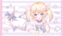 Rule 34 | 1girl, :d, animal ears, bandaid, bandaid on leg, black socks, blonde hair, blue eyes, blush, bow, cat ears, cat tail, fang, fish hair ornament, frills, hair between eyes, hair ornament, hanasakichu, highres, indie virtual youtuber, looking at viewer, lying, nekoto komari, on stomach, open mouth, shoes, short sleeves, smile, socks, solo, tail, twintails, virtual youtuber, wrist cuffs