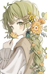 Rule 34 | 1girl, blunt bangs, blush, braid, braided ponytail, brown sweater vest, earrings, flower, from side, green eyes, green hair, hair flower, hair ornament, hairclip, highres, holding, holding flower, jewelry, long hair, long sleeves, looking at viewer, original, portrait, puffy long sleeves, puffy sleeves, shiraho (color-56), shirt, simple background, solo, sweater vest, white background, white shirt