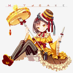 Rule 34 | 1girl, :q, ascot, black hair, black pantyhose, bloomers, bow, brown skirt, food, food-themed clothes, fork, frills, full body, hairband, hane segawa, hat, knife, looking at viewer, morinaga (brand), original, pancake, pantyhose, personification, red bow, shoes, short hair, sitting, skirt, smile, solo, striped clothes, striped pantyhose, tongue, tongue out, underwear, vertical-striped clothes, vertical-striped pantyhose, white background, white bloomers, yellow eyes, yellow footwear