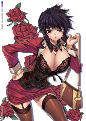 Rule 34 | 1girl, bag, black hair, black thighhighs, blush, bracelet, breasts, brooch, bustier, cleavage, earrings, flower, garter straps, hae-young na, hand on own hip, handbag, highres, hip focus, jacket, jewelry, large breasts, lingerie, lips, open mouth, purple eyes, rose, short hair, skirt, solo, soo-hyon lee, thighhighs, unbalance unbalance, unbalance x unbalance, underwear, watch, wristwatch