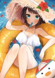 Rule 34 | 1girl, absurdres, alternate costume, bare shoulders, blue eyes, breasts, brown hair, collarbone, feet out of frame, flower, food, food in mouth, hat, hat flower, highres, hololive, innertube, knees together feet apart, knees up, legs, looking at viewer, mashiro io, medium breasts, oozora subaru, partially submerged, popsicle, popsicle in mouth, short hair, straw hat, subaru duck, swept bangs, swim ring, swimsuit, virtual youtuber