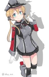 Rule 34 | 1girl, ahenn, aqua eyes, black skirt, black thighhighs, blonde hair, blush, breasts, closed mouth, gloves, grey hat, hair between eyes, hat, highres, kantai collection, large breasts, long hair, long sleeves, low twintails, military, military uniform, peaked cap, pleated skirt, prinz eugen (kancolle), rudder footwear, shadow, simple background, skirt, smile, solo, thighhighs, twintails, twitter username, uniform, white background, white gloves