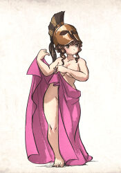 Rule 34 | 1girl, bare shoulders, barefoot, blush, breasts, brown eyes, brown hair, cleavage, closed mouth, collarbone, commentary, english commentary, full body, greek helmet, helmet, highres, ironlily, legs, long hair, looking to the side, medium breasts, no panties, original, ponytail, simple background, solo, standing, toga, wavy hair, white background