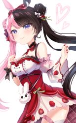 Rule 34 | 1girl, absurdres, animal bag, animal ear fluff, animal ears, bare shoulders, blue eyes, blush, bow, bow choker, breasts, brown hair, brown nails, detached sleeves, double bun, dress, food-themed hair ornament, food print, hair bow, hair bun, hair ornament, heart, highres, iris black games, large breasts, long hair, looking at viewer, mia (mk2022), multicolored hair, pink bow, pink hair, rabbit bag, rabbit ears, red dress, ribbon, smile, solo, split-color hair, strawberry hair ornament, strawberry print, tachibana hinano (vtuber), thighs, twintails, two-tone hair, virtual youtuber, vspo!, wrist bow