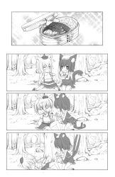 Rule 34 | 0 0, 2girls, 4koma, :&lt;, animal ear fluff, animal ears, arashiya, arms up, cat ears, cat tail, chen, chopsticks, comic, commentary request, detached sleeves, closed eyes, fainted, feeding, food, greyscale, hat, inubashiri momiji, kneeling, midriff, monochrome, motion blur, multiple girls, multiple tails, navel, bento, open mouth, outdoors, shaking head, shirt, short hair, silent comic, sitting, skirt, smile, tail, touhou, tree, vest, wolf ears, wolf tail