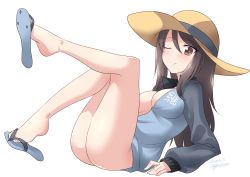 Rule 34 | 1girl, artist name, ass, blush, bottomless, breasts, brown eyes, brown hair, cleavage, closed mouth, dated, flip-flops, full body, girls und panzer, hat, highres, jacket, keizoku military uniform, kuzuryuu kennosuke, large breasts, looking at viewer, lying, mika (girls und panzer), military, military uniform, no panties, on back, one eye closed, sandals, simple background, smile, solo, straw hat, track jacket, uniform, white background