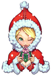 Rule 34 | 1girl, :p, blonde hair, breasts, christmas, cleavage, gift, green eyes, holding, holding gift, maruta kentarou, medium breasts, one eye closed, santa costume, solo, tongue, tongue out, wink