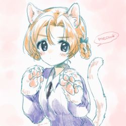 Rule 34 | 10s, 1girl, animal ears, animal hands, black bow, black necktie, blue sweater, bow, cat ears, cat tail, closed mouth, commentary, dress shirt, english text, girls und panzer, gloves, hair bow, highres, kemonomimi mode, kuroi mimei, long sleeves, looking at viewer, necktie, orange pekoe (girls und panzer), parted bangs, paw gloves, paw print, pink background, school uniform, shirt, short hair, sketch, solo, speech bubble, st. gloriana&#039;s school uniform, standing, sweater, tail, twitter username, upper body, v-neck, w arms, white shirt, wing collar