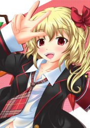 Rule 34 | 1girl, alternate costume, armband, blush, bow, collarbone, contemporary, dress shirt, fangs, female focus, flandre scarlet, hair bow, hair ribbon, highres, navel, neats, necktie, open mouth, plaid, plaid necktie, plaid neckwear, red eyes, red necktie, ribbon, school uniform, shirt, side ponytail, smile, solo, touhou, upper body, v, wings