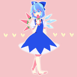 Rule 34 | bad id, bad pixiv id, barefoot, blue eyes, blue hair, bow, cirno, eating, embodiment of scarlet devil, artistic error, feet, food, highres, mirugin, popsicle, short hair, solo, touhou, watermelon bar, wings