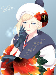 Rule 34 | 1girl, beret, blonde hair, blue background, blue eyes, blue gloves, dated, gloves, hair between eyes, hat, highres, japanese clothes, kantai collection, kimono, long hair, mole, mole under eye, mole under mouth, new year, pink lips, pom pom (clothes), richelieu (kancolle), shingyou (alexander-13), solo, upper body