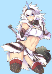 Rule 34 | 1girl, belt, black gloves, blue background, blue eyes, breasts, brooch, capcom, ckj (harinezu), cowboy shot, cropped legs, fur trim, gloves, hairband, hammer, highres, holding, holding weapon, jewelry, kirin (armor), long hair, looking at viewer, monster hunter (character), monster hunter (series), navel, pelvic curtain, signature, simple background, small breasts, smile, solo, strapless, thighhighs, tube top, weapon, white hair