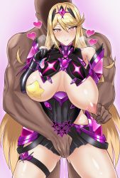 Rule 34 | 1boy, 1girl, absurdres, bald, black dress, blonde hair, blush, breasts, commentary, corruption, dark-skinned male, dark skin, dress, elbow gloves, gatyo 5, gem, gloves, hair ornament, headpiece, heart, highres, huge breasts, jewelry, large areolae, large breasts, long hair, looking at viewer, mind control, muscular, mythra (xenoblade), netorare, nintendo, nipples, pasties, shiny skin, smile, solo focus, star pasties, swept bangs, thigh strap, tiara, very long hair, xenoblade chronicles (series), xenoblade chronicles 2, yellow eyes