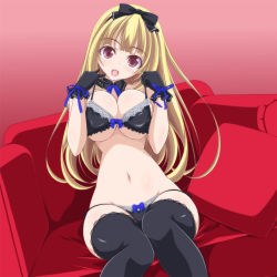 Rule 34 | 1girl, adjusting bra, adjusting clothes, black bra, black gloves, black panties, black ribbon, black thighhighs, blonde hair, bow, bow bra, bow panties, bra, breasts, commentary request, couch, detached collar, dutch angle, gloves, hair ribbon, head tilt, highres, kikuchi tsutomu, lace, lace-trimmed legwear, lace trim, large breasts, long hair, looking away, navel, neck ribbon, on couch, open mouth, original, panties, purple eyes, ribbon, sitting, smile, solo, string panties, thighhighs, underboob, underwear, underwear only