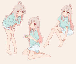 Rule 34 | 1girl, ahoge, bare legs, barefoot, between legs, blue shirt, chinese commentary, commentary request, controller, drawstring, feet, full body, game controller, grey hair, hair between eyes, hand between legs, highres, holding, holding controller, holding game controller, leaning forward, light blush, long hair, multicolored hair, multiple views, onii-chan wa oshimai!, oyama mahiro, pink hair, pleated skirt, shirt, short sleeves, simple background, sitting, skirt, two-tone hair, white skirt, yellow eyes, ziyan yi