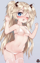 Rule 34 | 1girl, absurdres, bare arms, bare shoulders, bikini, black ribbon, blonde hair, blue eyes, blush, breasts, cleavage, collarbone, covered erect nipples, girls&#039; frontline, grey background, hair between eyes, hair ribbon, hands up, heavy breathing, highres, leaning forward, long hair, medium breasts, navel, nose blush, one eye closed, open mouth, ribbon, side-tie bikini bottom, simple background, skindentation, solo, super-shorty (girls&#039; frontline), swimsuit, tandohark, thighhighs, two side up, very long hair, white bikini, white thighhighs