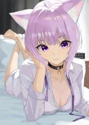 Rule 34 | 1girl, absurdres, ahoge, animal ear fluff, animal ears, barefoot, black choker, breasts, cat ears, choker, cleavage, clock, closed mouth, crossed ankles, digital clock, fangs, fangs out, foreshortening, full body, highres, hololive, indoors, long sleeves, looking at viewer, lying, nekomata okayu, nekomata okayu (oversized shirt), on bed, on stomach, pillow, purple eyes, purple hair, purple ribbon, ribbon, shirt, sino (oyasumi hf), skin fangs, solo, the pose, virtual youtuber, white shirt