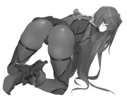 Rule 34 | 1girl, all fours, armor, ass, blush, bodysuit, breasts, embarrassed, fate/grand order, fate (series), from behind, full body, greyscale, highleg, highleg leotard, highres, large breasts, leotard, long hair, looking at viewer, looking back, mature female, monochrome, pauldrons, scathach (fate), shoes, shoulder armor, simple background, solo, white background, yd (orange maru)