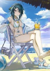 Rule 34 | 1girl, absurdres, ahoge, arknights, bad food, ball, bare shoulders, barefoot, beach, beachball, bikini, black eyes, black hair, blue sky, breasts, chair, cleavage, closed mouth, cloud, crossed legs, cup, day, disposable cup, drink, feather hair, folding chair, frilled bikini, frills, goggles, goggles around neck, hair bun, hair ornament, hairclip, highres, holding, holding cup, horizon, id card, jacket, la pluma (arknights), la pluma (summer flowers) (arknights), long sleeves, looking at viewer, medium breasts, megaphone, ocean, off shoulder, official alternate costume, open clothes, open jacket, outdoors, peach21, sandals, shoes, short hair, single hair bun, single shoe, single side bun, sitting, sky, solo, swimsuit, thighs, unworn sandals, whistle, whistle around neck, white bikini, white jacket, wing hair ornament