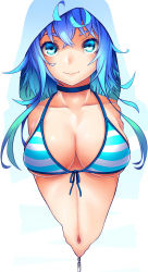 Rule 34 | 1girl, aqua hair, bikini, bikini top only, blue bikini, blue eyes, blue hair, breasts, choker, cleavage, collarbone, commentary request, front-tie bikini top, front-tie top, gradient hair, haiiro gundan, halterneck, highres, hood, hoodie, large breasts, long hair, looking at viewer, multicolored hair, navel, original, smile, solo, striped bikini, striped clothes, swimsuit, white background, zipper
