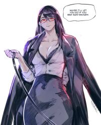 Rule 34 | 1girl, alternate costume, black bra, black skirt, bra, breasts, cleavage, closed mouth, collarbone, dress shirt, glasses, grey shirt, hand on own hip, hand up, highres, holding, holding leash, jacket, jacket on shoulders, kamishiro rize, large breasts, leash, long hair, open clothes, open jacket, red eyes, shirt, simple background, skirt, smiel, smile, solo, tokyo ghoul, underwear, white background, yourfreakyneighbourh