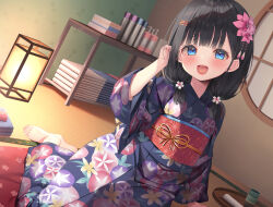 Rule 34 | 1girl, absurdres, architecture, arm support, asa no ha (awayuki), barefoot, black hair, blue eyes, blush, cup, dutch angle, east asian architecture, feet, floral print, floral print kimono, highres, indoors, japanese clothes, kimono, lantern, lipstick, long hair, looking at viewer, makeup, non-web source, obi, open mouth, original, purple kimono, sash, shampoo bottle, shelf, sitting, solo, tatami, teacup, toes, towel, tray, twintails, wide sleeves