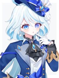 Rule 34 | 1girl, :o, ahoge, ascot, black ascot, blue bow, blue eyes, blue hair, blue hat, blue jacket, bow, brooch, commentary, furina (genshin impact), genshin impact, gloves, grey background, hand up, hat, hat bow, jacket, jewelry, kino (curry pan), long hair, looking at viewer, open mouth, simple background, solo, upper body, very long hair, white gloves