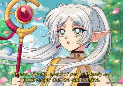Rule 34 | 1990s (style), 1girl, artist name, blue sky, cloud, commentary, earrings, elf, english commentary, english text, fake screenshot, frieren, green eyes, hanavbara, jewelry, petals, pointy ears, retro artstyle, sky, sousou no frieren, staff, subtitled, tree, twintails, upper body, white hair