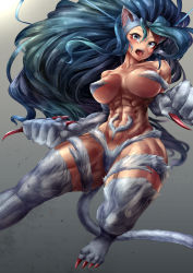 Rule 34 | 1girl, abs, animal ears, animal hands, big hair, blue eyes, blue hair, blush, breasts, cat ears, cat girl, cat tail, claws, curvy, felicia (vampire), female focus, fur, gradient background, large breasts, long hair, looking at viewer, matching hair/eyes, muscular, muscular female, open mouth, revision, solo, tail, thick thighs, thighs, vampire (game), very long hair, wide hips, yana (nekoarashi)