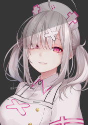 Rule 34 | 1girl, ahoge, blush, breasts, collared dress, commentary request, dress, eyes visible through hair, grey background, grey hair, hair ornament, hair over one eye, hat, highres, kuroi (liar-player), looking at viewer, medium breasts, mole, mole under eye, nijisanji, nurse, nurse cap, parted lips, pink hair, puffy sleeves, simple background, solo, sukoya kana, twintails, twitter username, upper body, virtual youtuber, white dress, white hat, x hair ornament
