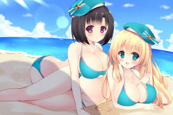 Rule 34 | 10s, 2girls, arm support, atago (kancolle), beach, bekotarou, bikini, black hair, blonde hair, blush, breasts, cleavage, day, female focus, girl on top, green eyes, hat, huge breasts, kantai collection, large breasts, lens flare, long hair, looking at viewer, lying, multiple girls, open mouth, pink eyes, sand, shadow, short hair, sky, smile, strap gap, swimsuit, takao (kancolle), water, yuri