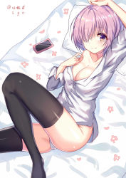 Rule 34 | 1girl, absurdres, bed sheet, black thighhighs, breasts, cellphone, collarbone, dress shirt, fate/grand order, fate (series), hair over one eye, highres, lying, mash kyrielight, medium breasts, on back, open clothes, open shirt, phone, pillow, pink hair, shanguier, shiny clothes, shiny skin, shirt, short hair, smartphone, smile, solo, thighhighs, white shirt, zettai ryouiki