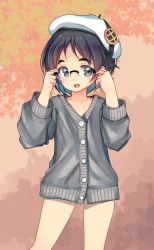 Rule 34 | 1girl, absurdres, autumn leaves, beret, bespectacled, black hair, brown eyes, choker, cosplay, cowboy shot, glasses, gluteal fold, goggles, gradient background, grey sweater, hat, highres, kantai collection, kiso (kancolle), kiso (kancolle) (cosplay), long sleeves, looking at viewer, maru-yu (kancolle), no panties, open mouth, orange background, parted bangs, short hair, smile, solo, sweater, yashin (yasinz)