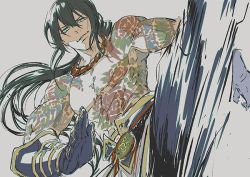 Rule 34 | 1boy, bad id, bad twitter id, black hair, chest tattoo, fate/grand order, fate (series), fighting stance, flower ta, flower tattoo, full-body tattoo, grey background, long hair, male focus, ponytail, simple background, smile, smirk, tattoo, yan qing (fate)
