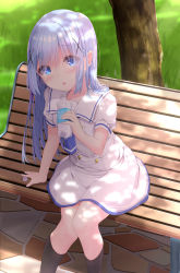 Rule 34 | 1girl, :o, arm support, bench, black socks, blue eyes, blue hair, blush, bottle, commentary request, day, dress, feet out of frame, gochuumon wa usagi desu ka?, hair between eyes, hair ornament, highres, holding, holding bottle, kafuu chino, kafuu chino&#039;s school uniform, kouda suzu, long hair, looking at viewer, on bench, outdoors, park bench, parted lips, sailor collar, sailor dress, school uniform, sitting, socks, solo, tree, very long hair, water bottle, white dress, white sailor collar, x hair ornament