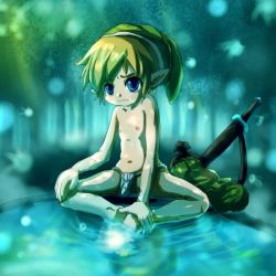 Rule 34 | 1boy, bare arms, bare legs, bare shoulders, barefoot, blonde hair, blue eyes, child, elf, hat, image sample, itaru, link, loincloth, loincloth only, male focus, navel, night, nintendo, nipples, outdoors, pixiv sample, pointy ears, resized, solo, sword, the legend of zelda, toon link, weapon