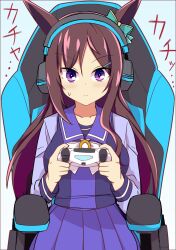 Rule 34 | 1girl, animal ears, bow, brown hair, chair, closed mouth, commentary request, controller, ear bow, gaming, gaming chair, hair ornament, hairclip, headset, highres, holding, holding controller, horse ears, horse girl, long hair, looking at viewer, mejiro dober (umamusume), playing games, pleated skirt, purple eyes, purple serafuku, purple shirt, purple skirt, sailor collar, school uniform, serafuku, shirt, sitting, skirt, solo, swivel chair, tracen school uniform, umamusume, wahiko (black bastard), white bow