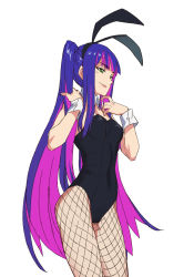 Rule 34 | 1girl, blue hair, breasts, closed eyes, colored inner hair, covered navel, fishnet pantyhose, fishnets, green eyes, highres, l.k, long hair, medium breasts, multicolored hair, navel, panty &amp; stocking with garterbelt, pantyhose, pink lips, purple hair, rabbit girl, simple background, smile, solo, standing, stocking (psg), tight clothes, twintails, very long hair, white background