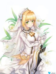 Rule 34 | 1girl, blonde hair, blush, breasts, bridal veil, caba (caba091), chain, closed mouth, fate/grand order, fate (series), flower, gloves, green eyes, hair intakes, holding, holding sword, holding weapon, large breasts, lock, looking at viewer, nero claudius (bride) (fate), nero claudius (fate), nero claudius (fate) (all), short hair, smile, solo, sword, twitter username, veil, weapon, white gloves, zipper
