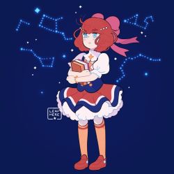 Rule 34 | 1girl, ahoge, animal crossing, blue background, blue eyes, blush stickers, book, bow, celeste (animal crossing), commentary, constellation, dress, full body, hair bow, hair ornament, holding, holding book, leaphere, leo (constellation), looking afar, medium hair, multicolored clothes, multicolored dress, nintendo, orange legwear, parted lips, pink bow, puffy short sleeves, puffy sleeves, red footwear, red hair, short sleeves, signature, solo, standing