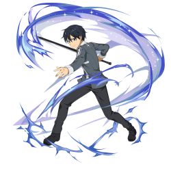 Rule 34 | black hair, face, full body, hair between eyes, head tilt, highres, holding, holding sword, holding weapon, kirito, male focus, outstretched arm, school uniform, solo, sparkle, standing, sword, sword art online, sword art online: memory defrag, transparent background, weapon