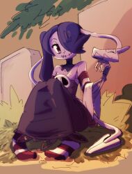 Rule 34 | 1girl, bush, colored skin, detached collar, dress, hair over one eye, highres, leviathan (skullgirls), looking at another, neko mata g, outdoors, purple hair, purple skin, red eyes, scratching chin, sitting, skeletal arm, skullgirls, smile, socks, solo, squigly (skullgirls), stitched mouth, stitches, striped clothes, striped sleeves, striped socks, yellow background, zombie