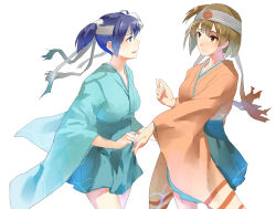 Rule 34 | 10s, 2girls, absurdres, blue eyes, blue hair, breasts, brown eyes, brown hair, green skirt, hachimaki, hakama, hakama short skirt, hakama skirt, holding hands, headband, highres, hiryuu (kancolle), hunter.g, japanese clothes, kantai collection, large breasts, looking at another, multiple girls, pleated skirt, short hair, skirt, souryuu (kancolle), twintails